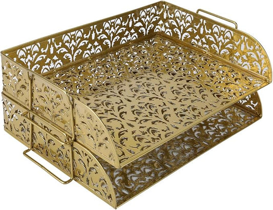 EasyPAG Paper Organizer for Desk 2 Tier Stackable Paper Tray for A4 Legal Size Folders Metal File Storage Desktop Organizer for Home Office School Teacher, Gold