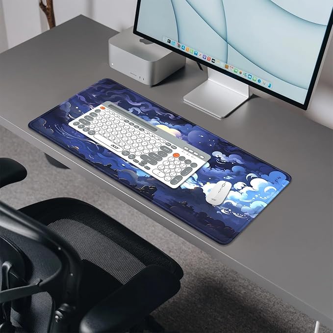 Blue Clouds Mouse Pad,Extended Stars Sky Dark Blue Clouds Mousepad Desk Pad with Stitched Edges,Non-Slip Waterproof Rubber Base Mouse Mat for Office Computer Keyboard Laptop Home(27.5x11.8 in)