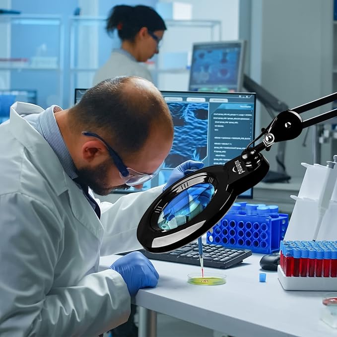 Bifocals Magnifying Desk Lamp with Clamp, 5 Diopter with 20 Diopter, 6 Inch Detachable Lens and 120PCS LEDs, 3 Color Modes 1200 Lumens Swivel Arm Magnifying Lamp with Light for Crafts (Black)