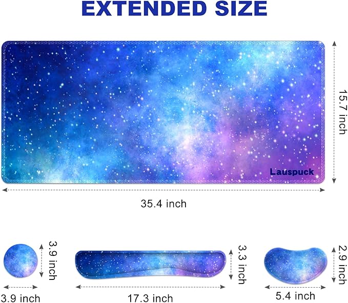 Desk Mat, Gaming Mouse Pad Wrist Rest Support Combo, XXL Large Mousepad + Keyboard Wrist Support +Mouse Wrist Rest+Coaster Set with Ergonomic Design 4in1 for Home Office, Nebula Galaxy