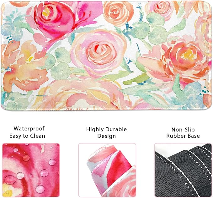 Large Mouse Pad Set, Cute Extended Mouse Pad+Keyboard Wrist Rest Support Desk Pad Memory Foam Ergonomic Easy Typing, 35.4×15.7 in Desk Mat Set for Home Office Study Game - Flowers