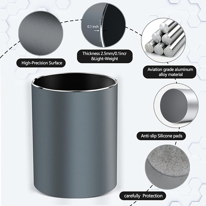 Metal Pen Holder for Desk Round Aluminum Desktop Organizer and Makeup Brush Holder Storage Box for Office, School, Home, and Kids, Non-slip silicone bottom3.9×3.14inch (Grey)