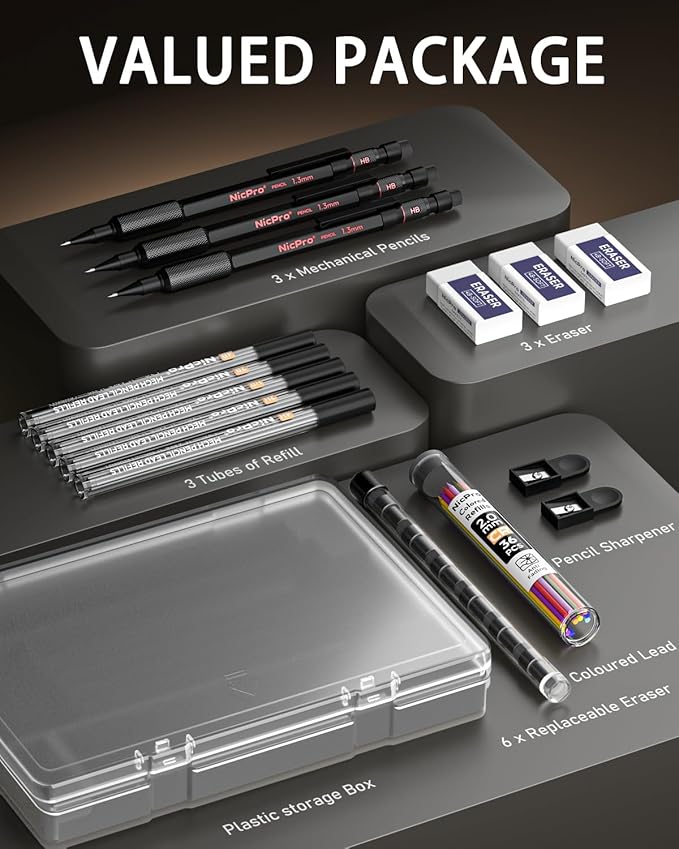 Nicpro 3 Pack 2mm Mechanical Pencils Set with Case, 33 Graphite Lead Refills (4B 2B HB 2H 4H), 36 Colored Lead, Erasers -Weatherproof Metal Barrel, Heavy Duty Carpenter Pencil For Drawing Sketching