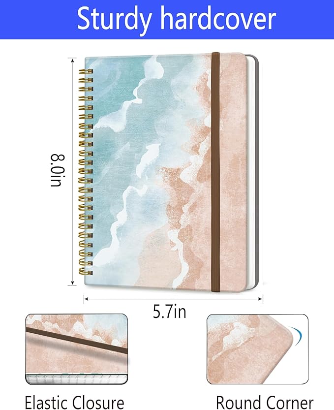 Spiral Journal Notebook, A5 Cute Notebooks for Women Men, College Ruled Hardcover Notebook for Work & Note Taking, 60 Pages Double-Wire Journals for Writing, Sandbeach Design