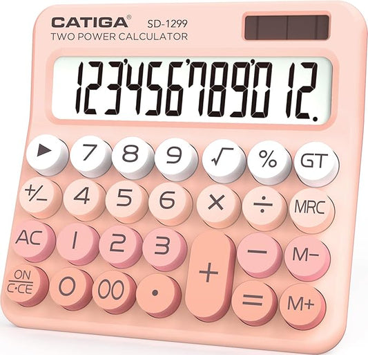 CATIGA Mechanical Switch Calculator with Solar and Battery Dual Power, 12-Digit Large LCD Display, Aesthetic and Cute Desktop Calculator with Big Button, for Home, School and Office Use, SD-1299