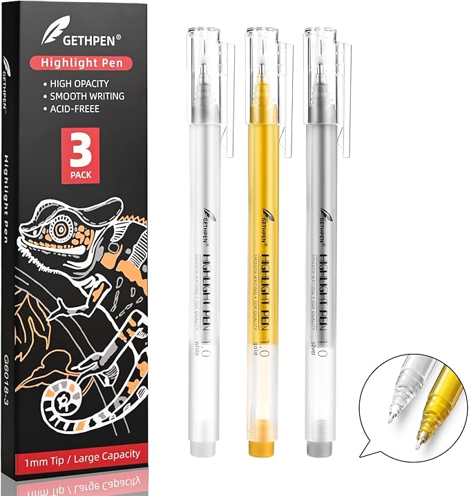 3 Colors Gel Pen Set – White, Gold & Silver 1.0mm Fine Point Gel Ink Pens for Artists, Black Paper Drawing, Bullet Journaling & Holiday Crafts – Opaque Archival Ink, 3-Pack