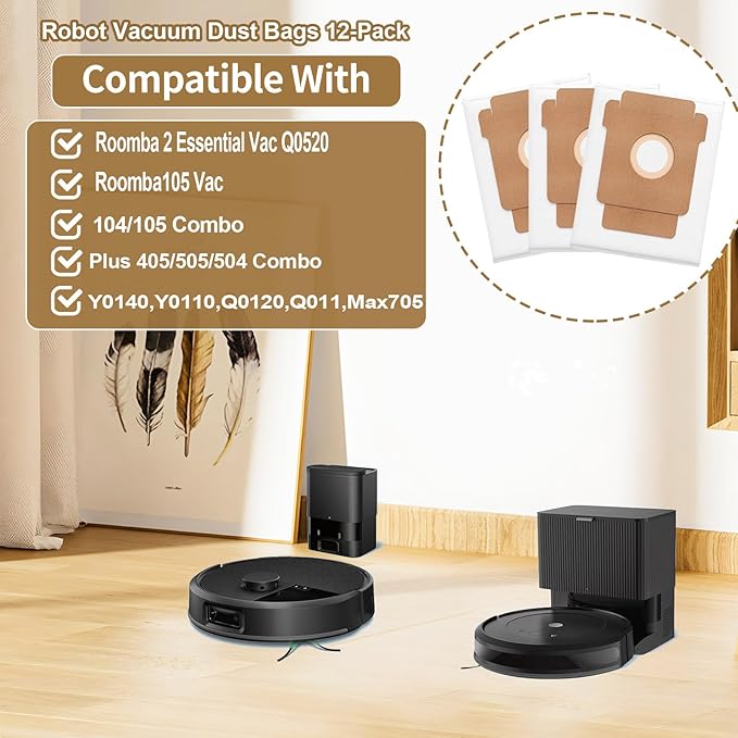 12-pack of 2.8L disposable dust bags replacement Parts for Roomba 2 Essential Vac Q0520, Roomba105,104/105 Combo,Plus 405/505/504 Combo,Y0140,Y0110,Q0120,Q011,Max 705 Robot Vacuum Cleaner