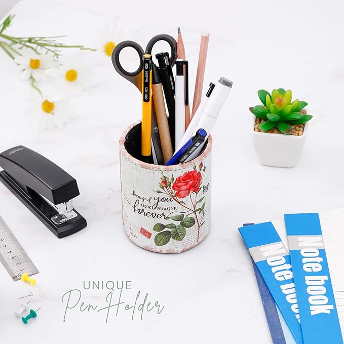 Pencil Cup, PU Leather Desk Pen Organizer for Cosmetics Office Supplies, Valentines Gifts for Mom Wife Grandma, Red Rose and Butterfly PH84