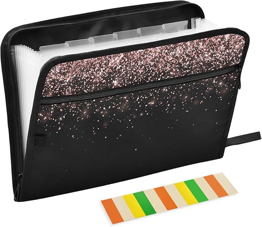 Gredecor Rose Gold Black Glitter Expanding File Folder 13 Pockets Shimmer Expandable Filing Folders Accordion Document Files Organizer for A4 Letter Size Paper