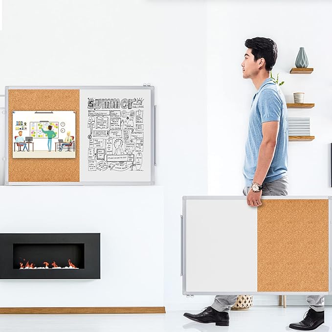 Magnetic White Board and Cork Board Combo, 36 X 24 inches Whiteboard Bulletin Combination Board, Wall Mounted Dry Erase Message Board for Home, School and Office