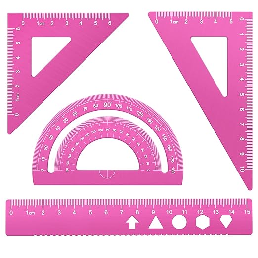 MSDADA Triangle Ruler, Protractor, Square and Ruler Set, 4 Pieces Aluminum Alloy Ruler, Metal Drafting Ruler Kit, Geometric Protractor for Student, School, Home, Office (Pink, 15cm/5.9inch)