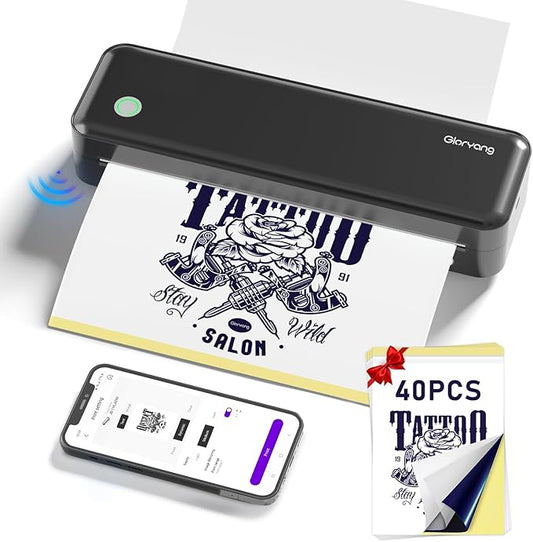 Wireless Tattoo Transfer Stencil Printer, Portable Thermal Tattoo Machine for Tattoo Beginners with 40pcs Stencil Paper, Compatible with Smartphone & PC, Rechargeable & Inkless, Black
