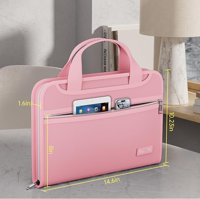 Tamfile Fireproof Accordion File Organizer with Handle, 13 Pocket Expanding File Folder with Zipper & Labels, File Folder with Multi-Pockets Paper Organizer Folder for Letter A4 Files, Pink