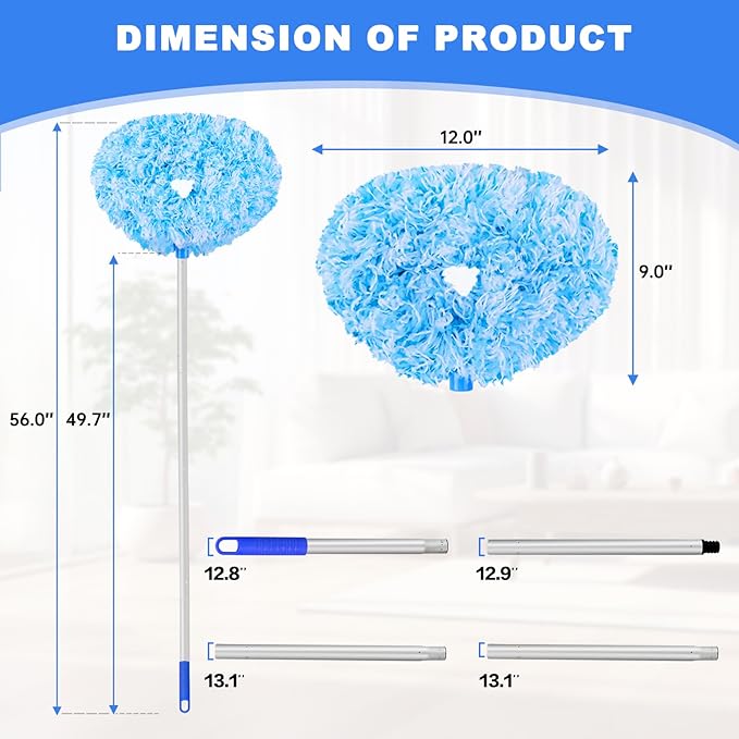 Heonay Ceiling Fan Cleaner Duster Reusable Microfiber Ceiling Fan Blade Cleaner Removable Duster with Extension Pole Adjusts 13 to 49.7 Inch for Cleaning Walls Furniture Door Window Top (Blue White)