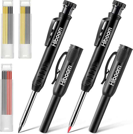 Hiboom 2 Pack Solid Carpenter Pencils with Pencil Cap and 18 Refills, Long Nose Deep Hole Mechanical Pencil Marker, Scribe Tool with Built-in Sharpener for Construction Woodworking Architect (Black)