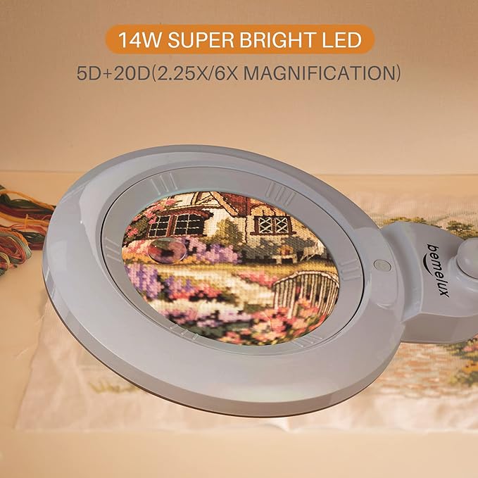 Bifocals Magnifying Desk Lamp with Clamp, 5 Diopter with 20 Diopter, 6 Inch Detachable Lens and 120PCS LEDs, 3 Color Modes 1200 Lumens Swivel Arm Magnifying Lamp with Light for Crafts (White)