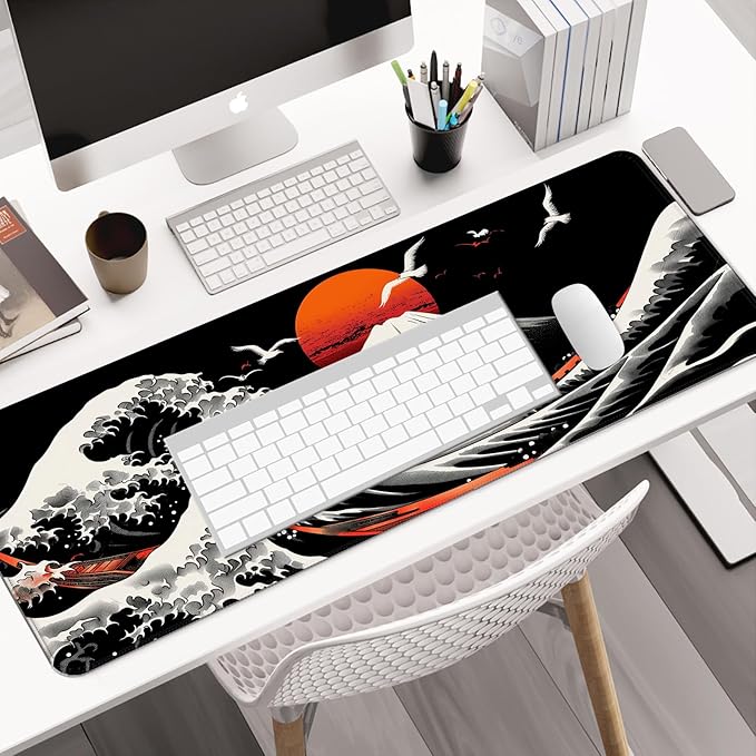 Japan Great Wave Kanagawa and Mount Fuji Gaming Mouse Pad, Extended Large Desk Mat, Computer Keyboard Laptop Mousepad for Work, Office and Home, XL, Black