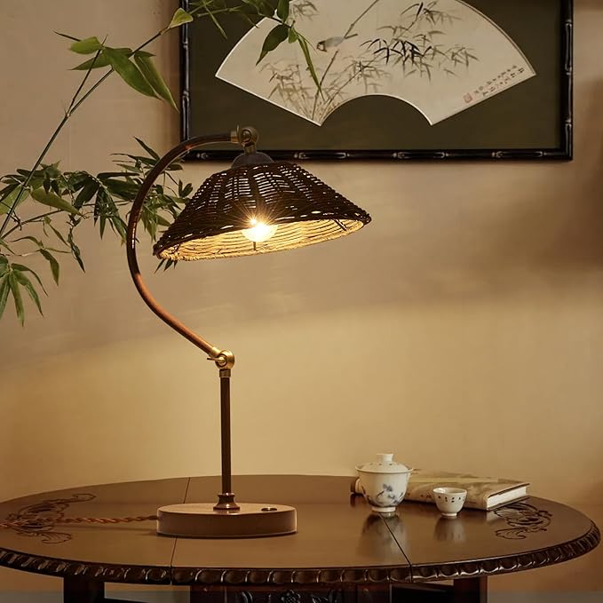 2 Pack Woven Rattan Bedside Table Lamp for Bedroom,Boho Plug in Handmade Rattan Shade&Anti-Rust Iron Base Desk Lamp,Plug & Play Vintage Dark Brown Nightstand Lamp for Living Room,Office【Bulb Included】