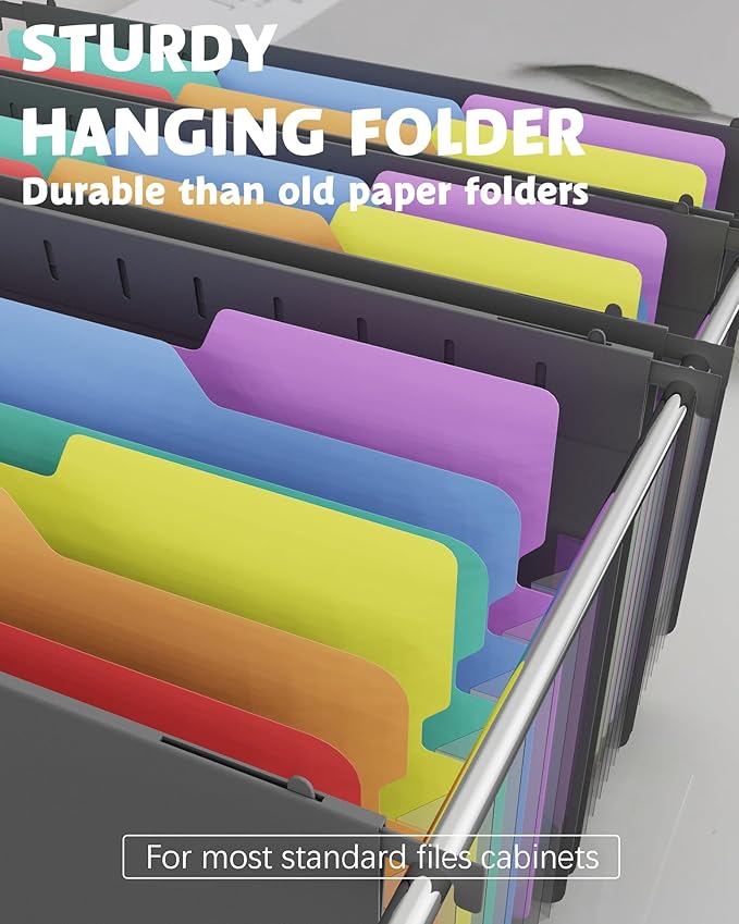 Plastic Expanding Hanging File Folders, 7 Pocket Extra Capacity Accordion Hang Folder, 1/5 Cut Adjustable Tabs, Multi-Color Lables, Letter Size for Filing Cabinet - 3 Pack