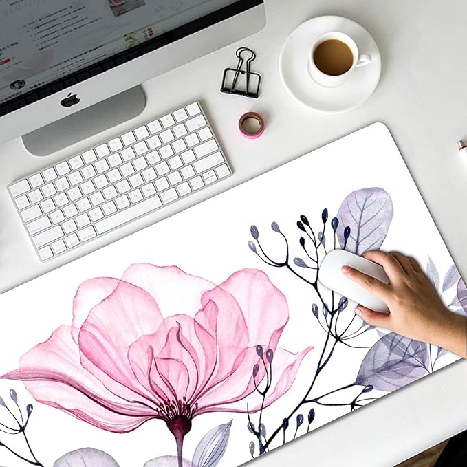 Extended Gaming Mouse Pad (31.5 X 11.8 in), Large Non-Slip Rubber Base Mousepad,Keyboard Mouse Mat Desk Pad for Work, Game, Office, Home - White Pink Flower, MOU-04