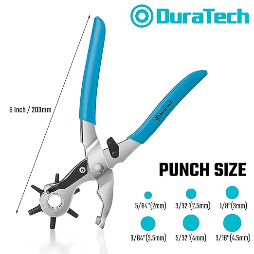DURATECH Revolving Punch, Leather Hole Punch Tool, 8 Inch, 6 Multi-Hole Size Covers 2mm to 4.5mm, for Belts and Dog Collars, Ideal for DIY Projects