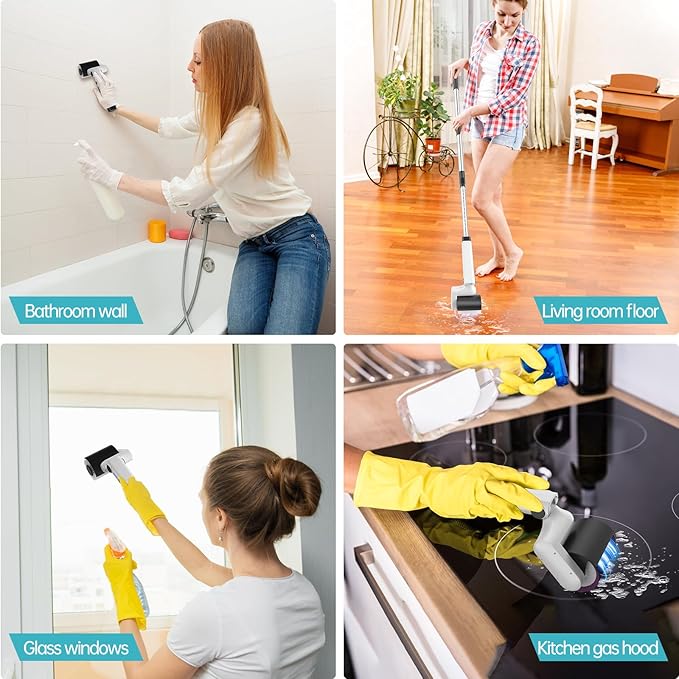 Roller Electric Spin Scrubber - 2-Speed Waterproof Cordless Power Cleaning Brush, 4 Multi-Purpose Brush Heads & Telescopic Pole for Deep Floor, Bathroom, Furniture, Glass & Car Cleaning