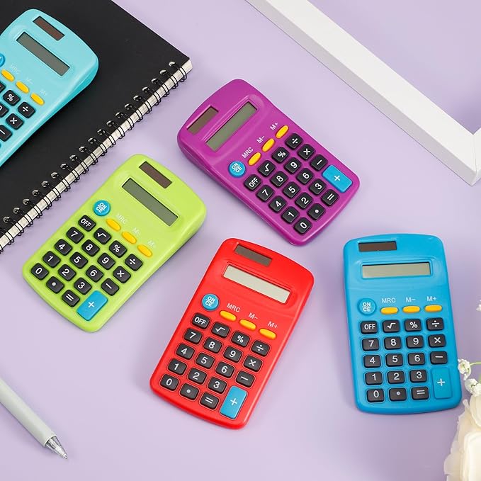 9 Pack Pocket Size Mini Calculator, Solar Battery Dual Power, 8 Digit Display Basic Calculator, Multicolor