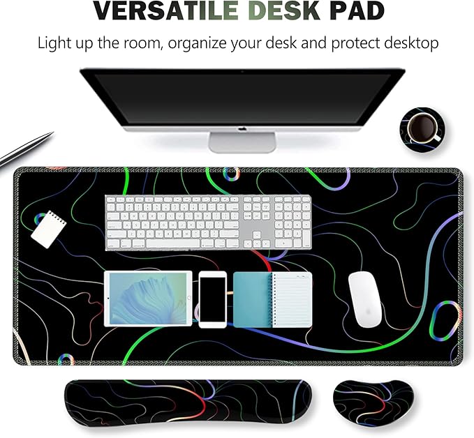 ARTSO Gaming Mouse Pad Wrist Support Set, XXL Large Desk Mat Mousepad + Keyboard Wrist Support+ Mouse Wrist Rest+Coaster 4in1 Ergonomic, Memory Foam, Stitched Edge for Home Office -Colorful Lines