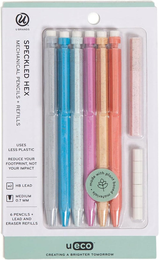 U Brands U-Eco Recycled Mechanical Pencil Set, Bulk Mechanical Pencils 0.7mm, Speckled Hex Brights, Medium Lead, School Supplies, 6 Pack