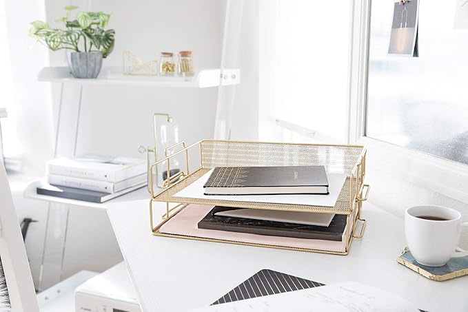 BLU MONACO Gold Mesh Paper Tray – Set of 2 Stackable Letter Trays – Durable Metal Desk Organizer for Home, Office & School – Stylish Document Holder, File Storage, and Workspace Organizer