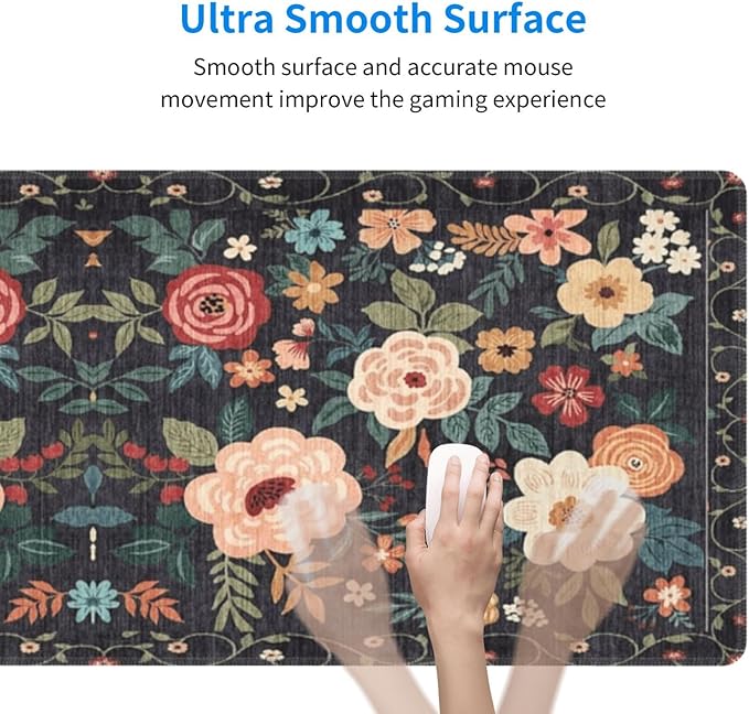 Gaming Mouse Pad, Large Non-Slip Rubber Base Mousepad, Keyboard Mouse Mat, Desk Pad with Stitched Edges, 31.5x11.8inch, Wilde Flower