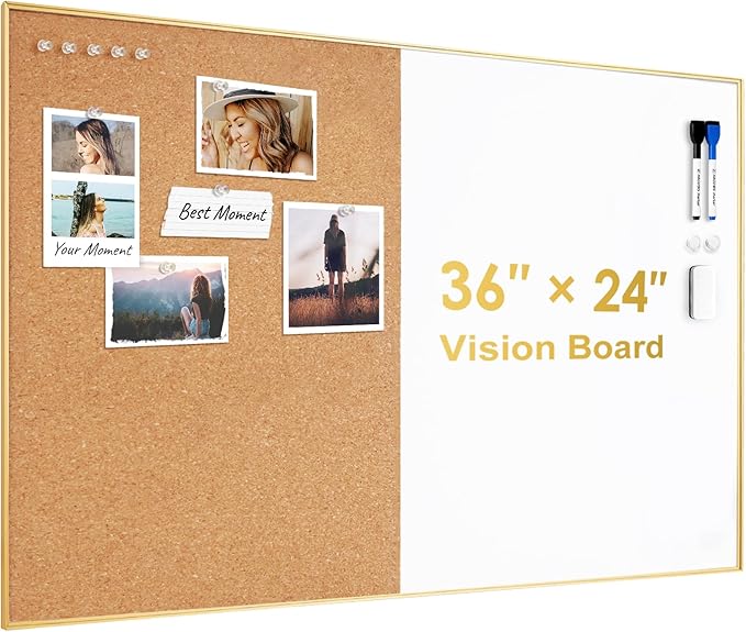 ARCOBIS Cork Board White Board Combo, 36 x 24 Inch Bulletin Board-Gold Frame, Magnetic Dry Erase Board & Corkboard for Wall, Vision Board for Home, Office, School