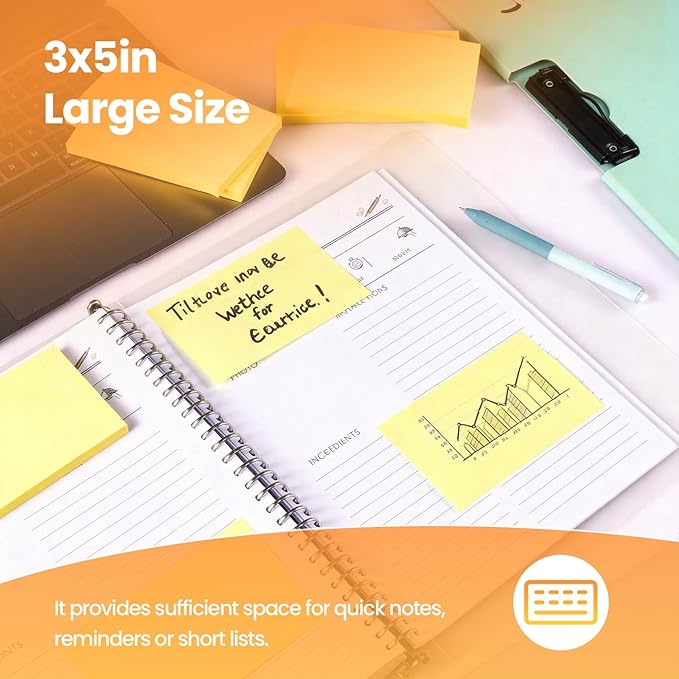 960 Sheets 3 in x 5 in Large Sticky Notes, 76 x 127 mm 6 Pads Assorted Self-Stick Pads for Notebook,Office,School and Home,80 Sheets/Pad (12 Pads Yellow)