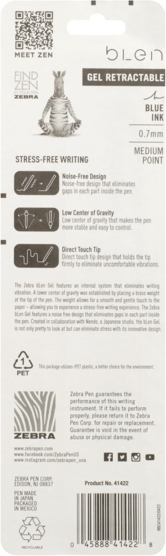 Zebra Pen bLen Gel Pens 0.7mm Medium Point Blue Ink 2-Pack, Smooth Fast-Drying Ink, Vibration-Free Writing Experience, Rubber Grip, Low-Profile Clip (41422)