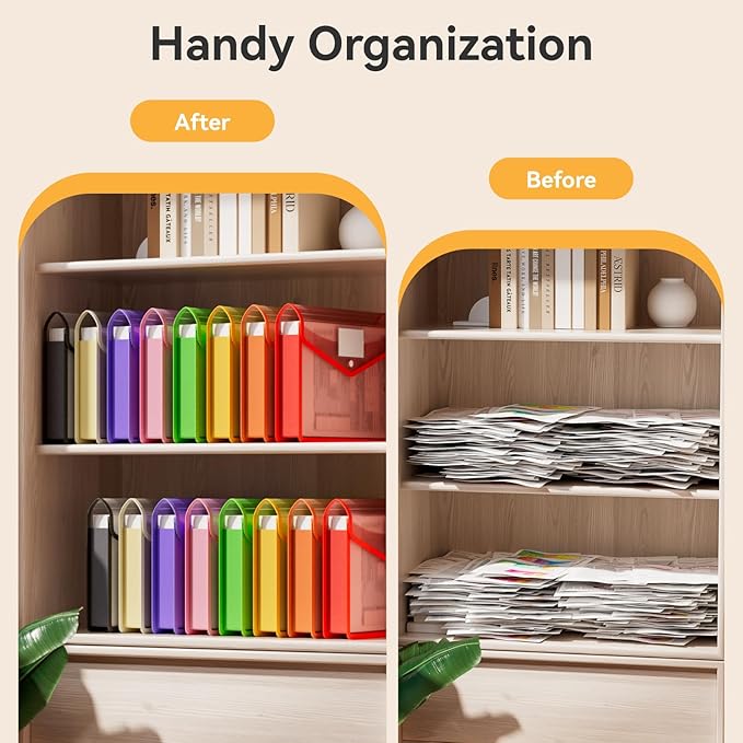 ABC life 8 Pack Plastic Expanding File Folder, Folders for Documents with Snap Closure, Colorful File Folder Organizer Holder, Transparent, Large Capacity, Fit Letter/A4 Size - Rainbow