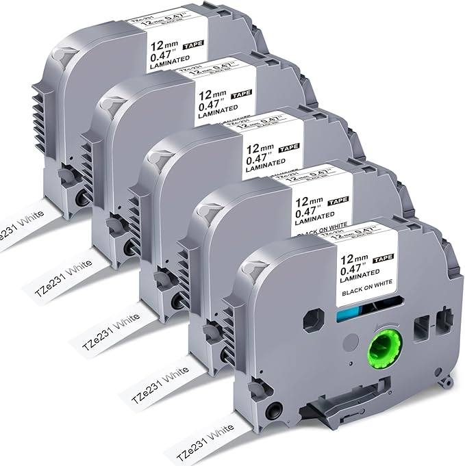 TZe TZ Tape 12mm 0.47 Laminated White Replacement for Brother P Touch TZe-231 TZC-231 P Touch Label Tape Refill Work for Brother P-Touch Label Maker PT-D210 PT-D220 PT-H110 PT-D600 PT-D400, 8m 26.2ft