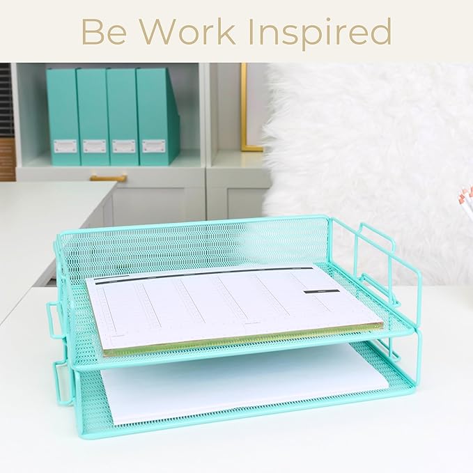 BLU MONACO Aqua Mesh Paper Tray – Set of 2 Stackable Letter Trays – Durable Metal Desk Organizer for Home, Office & School – Stylish Document Holder, File Storage, and Workspace Organizer