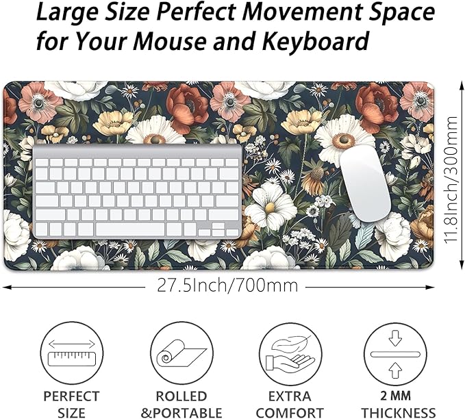 Colorful Flowers Desk Pad Mouse Pad,Daisy Floral Mouse Mat with Stitched Edges,Non-Slip Rubber Base Mousepad for Office PC Keyboard Laptop and Home Work Desk Mat(27.5X11.8 in)