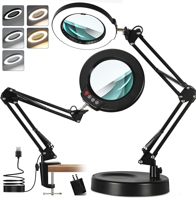 10X Magnifying Glass with Light and Stand, Real Glass Lens Magnifying Desk Lamp, Lighted Magnifier with Light Stepless Dimming Hands Free for Craft, Reading, Painting, Sewing, Solder