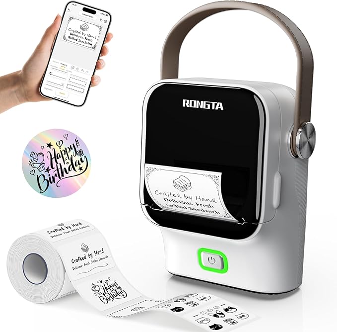 Rongta Bluetooth Label Maker Machine with Tape,Portable Wireless Labeler Machine,Handheld Sticker Maker for Barcode Labels,Home School Supplies,USB Rechargeable,Compatible with iOS/Android, White
