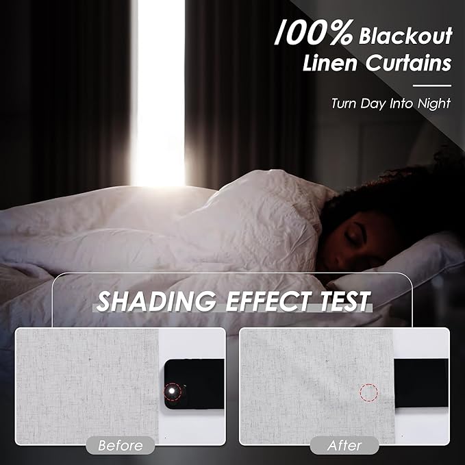 100% Blackout Linen Curtains 102 Inches Long 2 Panels Set for Bedroom Grey Back Tab Black Out Curtains Modern Urban Noise Cancelling Total Light Blocking Window Curtains 102 Length 52X102
