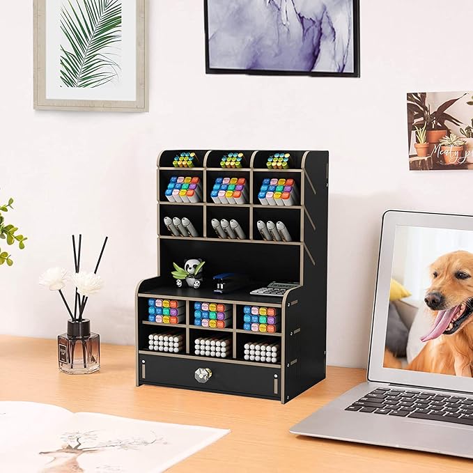 Marbrasse Wooden Desk Organizer, Multi-Functional Pen Holder, Desktop Stationary Organizer, Storage Rack for School Home Office Art Supplies (B16-Black)