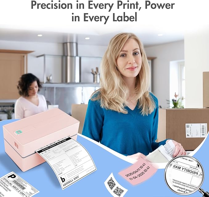 Bluetooth Thermal Shipping Label Printer: 4x6 Wireless Mini Clear Label Maker with Waterproof Tape for Small Business - Widely Used for USPS UPS Ebay Amazon Shopify Etsy, Pink