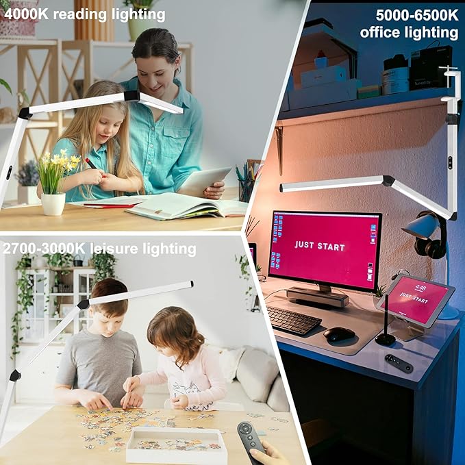 Micomlan LED Desk Lamp for Home Office, Architect Clamp Desk Lamp with Remote Control, Adjustable Dimmable Swing Arm Clamp on Table Light Clip-on Dual Light 5 Brightness Levels & 4 CCT Modes
