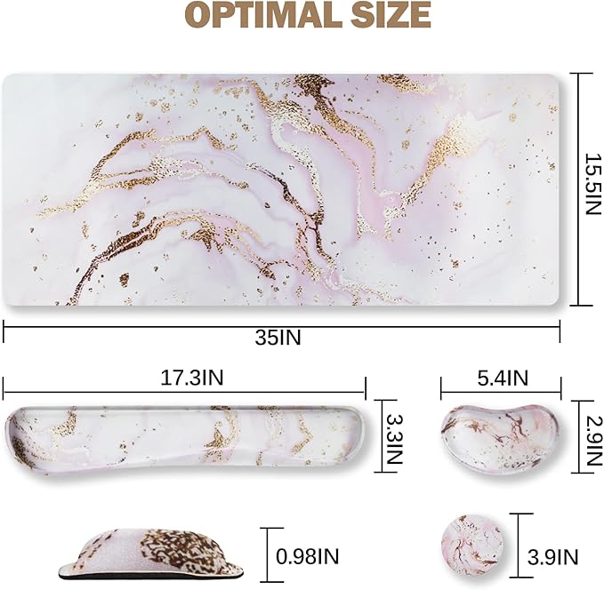 ARTSO Large Gaming Mouse Pad, Keyboard Wrist Rest Pad & Wrist Support Mousepad Set, Stitched Edge, Extended, Non-Slip Base, Memory Foam,Multifunctional Desk Mat 4pcs for Office & Home, Pink Marble