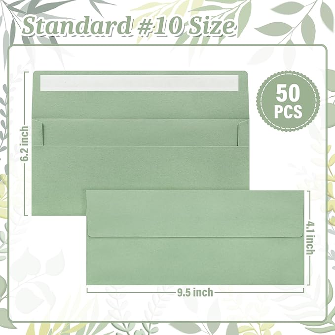 Mulbozy 50 Pcs Sage Green #10 Business Envelopes, Self Seal Standard Envelopes, Windowless Business Mailing Envelopes for Office Checks Letters Invoices Statements Wedding, Size 4-1/8 x 9-1/2 inch