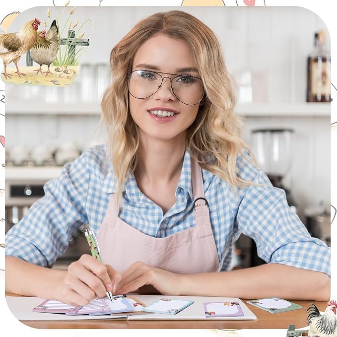 24 Pcs Chicken Sticky Notes with Pens Themed Gifts Self Adhesive Notepad Cute Memo Notes Pads Black Ink Ballpoint Pen for Chicken Lover Gifts Office School Students Teacher Supplies