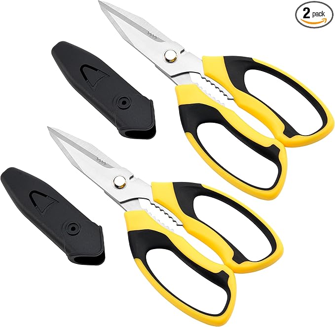 Scissors All Purpose Heavy Duty, 2 Pack Sharp Scissor with Large & Precision Serrations, 8'' Multipurpose Cutting Board Scissors with Special Clip, Wire Cutting Notch & Safety Cover, Yellow