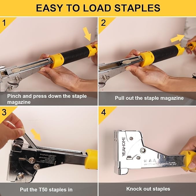 YEAHOME Heavy Duty Hammer Tacker with 6000 T50 Staples of 1/2, 3/8 inches, Steel Construction Manual Hammer Stapler with Anti-jam Magazine for Construction, Roofing, House Wrap, Insulation,Floor