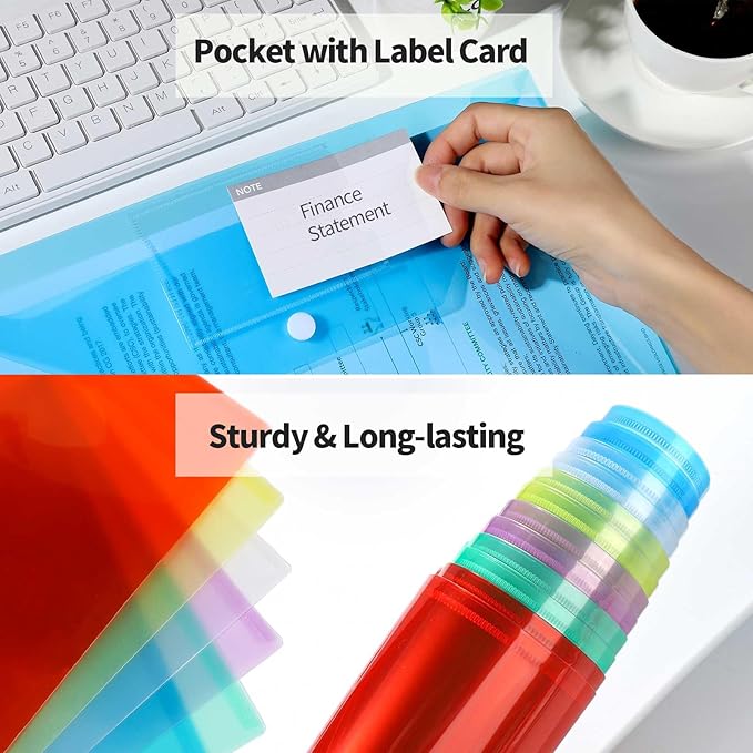 LEOBRO Plastic File Folders with Pocket, 24PCS Plastic Envelopes with Snap Closure, Folders for Documents, Reusable File Bags, A4 Size